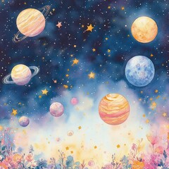 Fototapeta premium Colorful celestial scene with multiple planets and stars above a vibrant floral landscape blending cosmic and natural elements