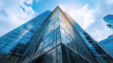 Fototapeta premium Modern Glass Office Tower Under Bright Blue Sky with Clouds