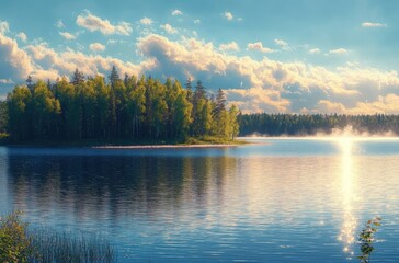 Calm lake reflecting morning sunlight with small lush forest island under a partly cloudy sky and gentle mist rising from the water