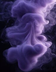 Abstract swirling purple smoke clouds forming soft, flowing shapes against a dark background, evoking a dreamy and mysterious atmosphere