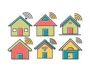 Fototapeta premium Colorful Icons of Smart Homes Connected to Wi-Fi.