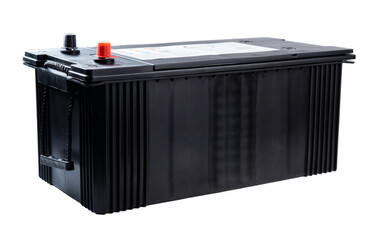 Single wide black truck battery with side handles for easy lifting. Heavy-duty power unit isolated...