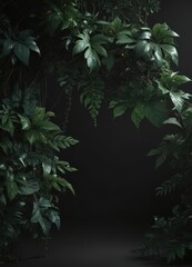 Deep emerald leaves, tangled vines, shadowy black background  Lush, mysterious jungle scene ,  dark green,  botanical,  plants