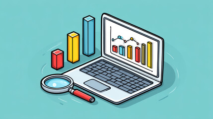 Digital data analysis with laptop, bar charts, and magnifying glass illustrating online statistics and data visualization for insights and decision making