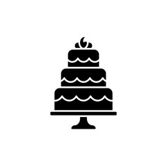 A black silhouette of a three tiered cake with decorative frosting on a white background simple design