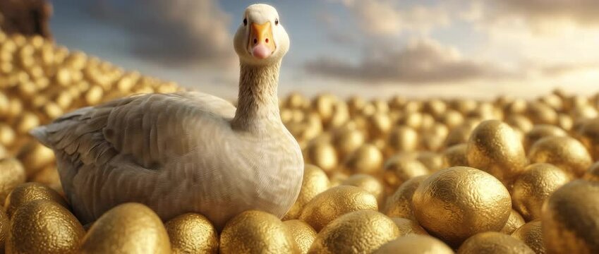 Golden goose sits regally among a sea of shimmering golden eggs as the camera gently circles right, glinting with warm sunlight