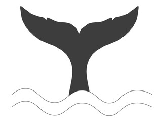 Whale Tale Icon ocean animal, mammal tail line sketch. Vintage simple silhouette with waves. Minimalistic simple tattoo drawing. 