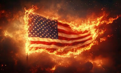 American flag engulfed in intense flames against a dark smoky background, conveying a powerful and dramatic atmosphere