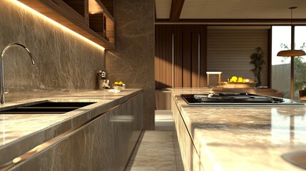Modern kitchen interior with marble bench tops