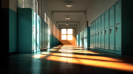 Fototapeta premium Empty school hallway with lockers illuminated by sunlight streaming through windows creating shadows tiled floor peaceful and quiet atmosphere warm lighting school interior educational environment