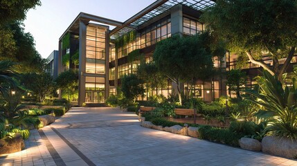 Obraz premium Eco-Friendly Modern Office Building in Tropical Landscape