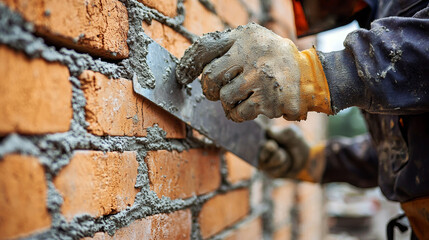 Bricklayer installing brick masonry on an exterior wall using a trowel and putty knife
