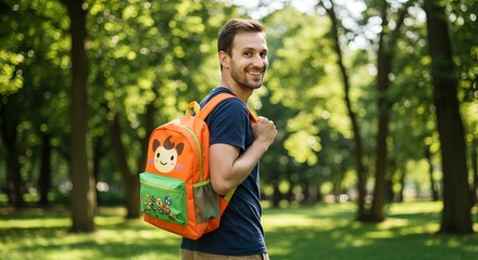 Naklejka premium Young man smiling while carrying a colorful backpack in the park 