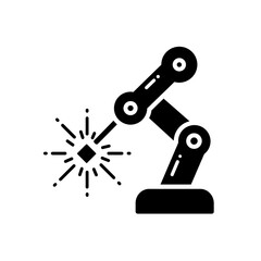 A black and white illustration of a robotic arm with a laser beam hitting a diamond shape object