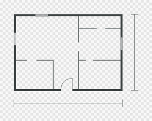 Floorplan simple icon room flat apartment line drawing, floor plan project, symbol. Technical architecture draw. Structure shape, build layout with doors and windows.