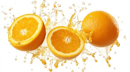 Bright orange oranges splashing with rich orange juice, droplets in mid-motion, cut out and isolated on a clean, white background