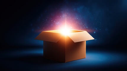 Something divine inside the carton package. A cardboard box opening with light rays emanating from inside symbolizing the magical moment of unboxing and discovery. Wonder