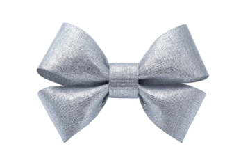 Elegant silver bow with metallic texture on black background, cut out