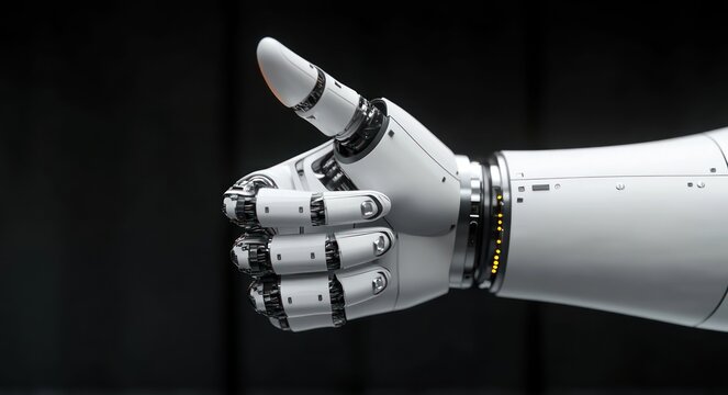 Close-up of a futuristic white robotic hand giving a thumbs up gesture on a dark background, symbolizing approval and advanced technology