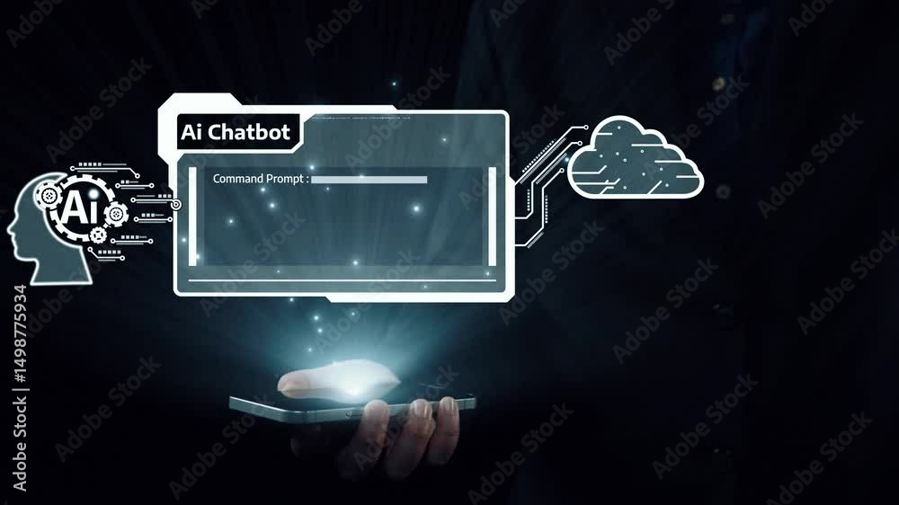 Poster human interact with ai artificial intelligence virtual assistant chatbot in concept of ai artificial