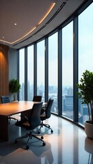 Sleek, modern skyscraper office interior with panoramic city views  Floor-to-ceiling windows, minimalist design, and sophisticated furniture create a productive workspace ,  urban,  shadow