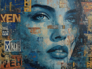 A blue muted chaotic, graffiti collage with a woman face