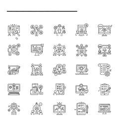 Project management icons depicting planning tasks collaboration and scheduling in a line art style