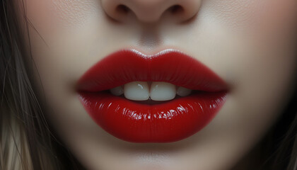 Fototapeta premium Close-up of glossy red lips slightly parted showing front teeth with a focus on smooth skin and shine conveying sensuality and allure