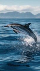 Fototapeta premium Dolphin leaps gracefully above the blue ocean waves in a serene coastal landscape during a sunny day