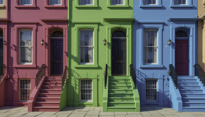 Naklejka premium Colorful row houses with vibrant facades in pink, green, and blue create lively urban scene. Each house features black door, arched windows, and small staircase leading to entrance