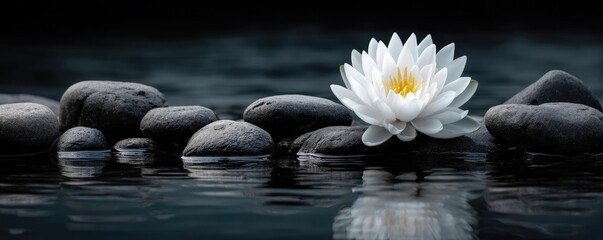 Fototapeta premium Water reflection with harmony and minimalism in rock concept. A serene white lotus flower resting on smooth black stones.