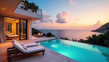 Fototapeta premium Luxury villa with private pool overlooking stunning ocean views Perfect for a relaxing getaway Enjoy breathtaking sunsets and tranquil surroundings , serene, getaway