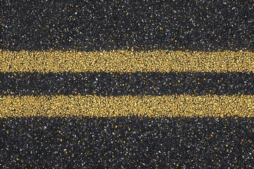 Fototapeta premium Close-up view of double yellow lines on a road surface, providing guidance for safe driving. The texture of the asphalt is visible.