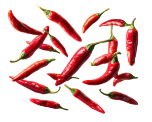 Fresh chili peppers in motion, creating vibrant display of red hues and dynamic shapes, perfect for culinary themes or spice related content