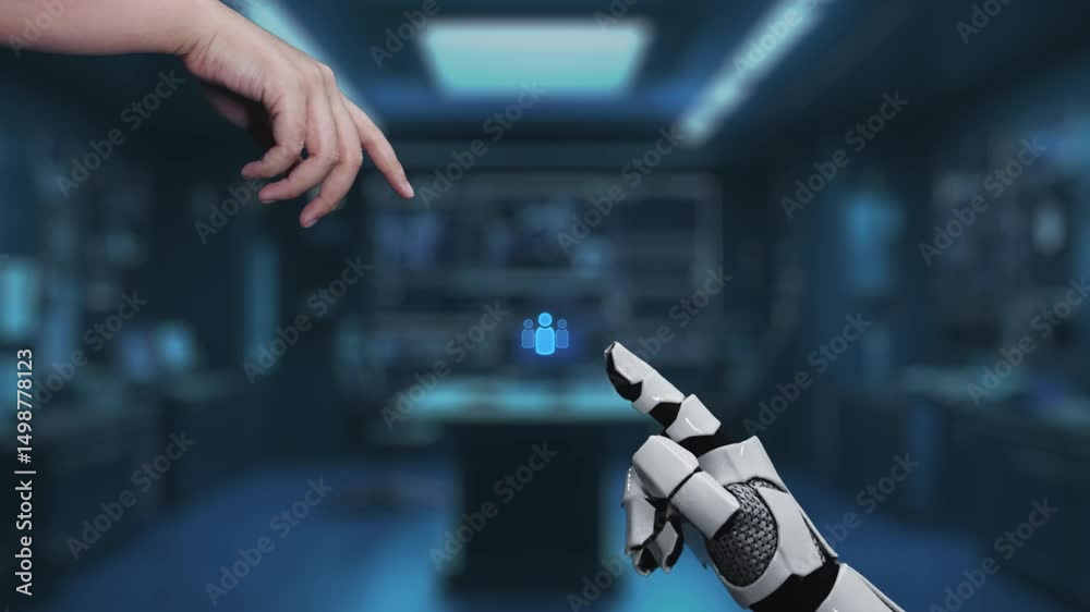 Poster this video represents the collaboration between humans and robots in a digital workspace. it depicts