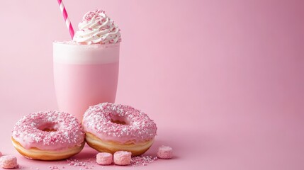 Pink milkshake with donuts and candies on a light pink background. Perfect for dessert menu or sweet bakery product promotion content.