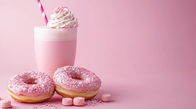 Pink milkshake with donuts and candies on a light pink background. Perfect for dessert menu or sweet bakery product promotion content.