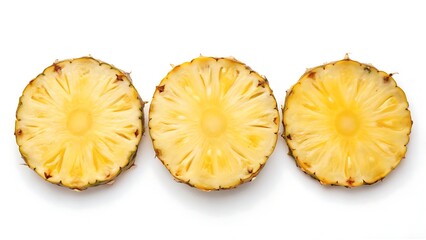 Freshly cut ripe pineapple slices arranged in a row isolated on a pristine white background for healthy eating.