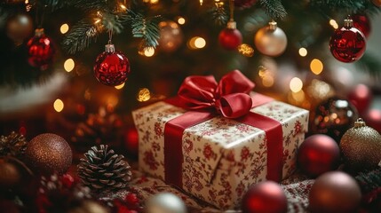 Festive holiday scene with decorated evergreen tree, wrapped gift box with a red ribbon, pine cones, and shiny baubles glowing warmly in soft festive lighting