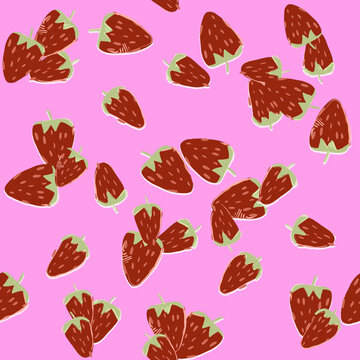 Illustration of strawberries in a seamless pattern on a pink background