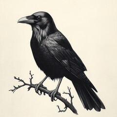 Fototapeta premium Detailed realistic illustration of a black raven perched on a bare branch with intricate feather textures and a clear focused expression