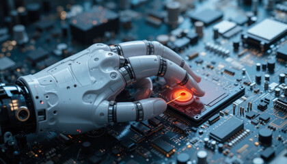 Robotic hand holding circuit board, futuristic tech	
