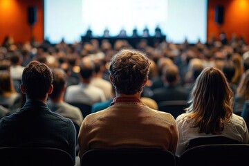 Obraz premium Audience attentively listening to a panel discussion in a conference room with a bright presentation screen