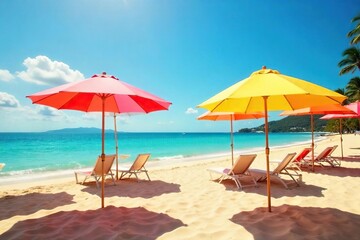 Vibrant beach umbrellas casting shadows on golden sand, a sunny summer day at the seaside Perfect for travel, vacation, and summer themes , heat, fun