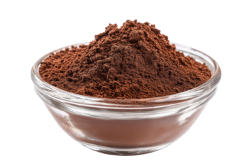 Glass bowl filled with rich brown cocoa powder on black background, cut out
