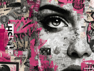 A pink muted chaotic, graffiti collage with a woman face