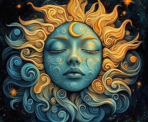 Surreal depiction of a serene face representing the sun and moon with swirling golden and blue curls blending celestial and natural elements in a cosmic starry background