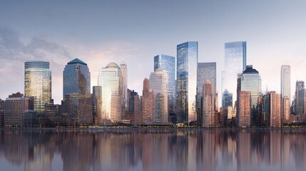 Obraz premium Panoramic View of Financial District Skyline with Reflection