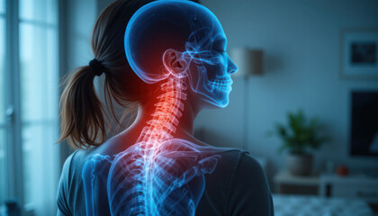 Woman with neck pain, X-ray overlay, home background, medical illustration	
