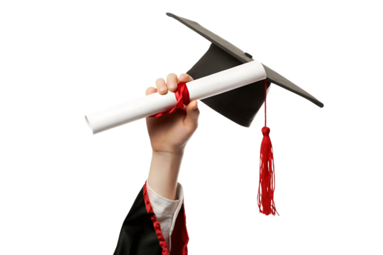 Graduate holding diploma and cap isolated on a white background - Powered by Adobe